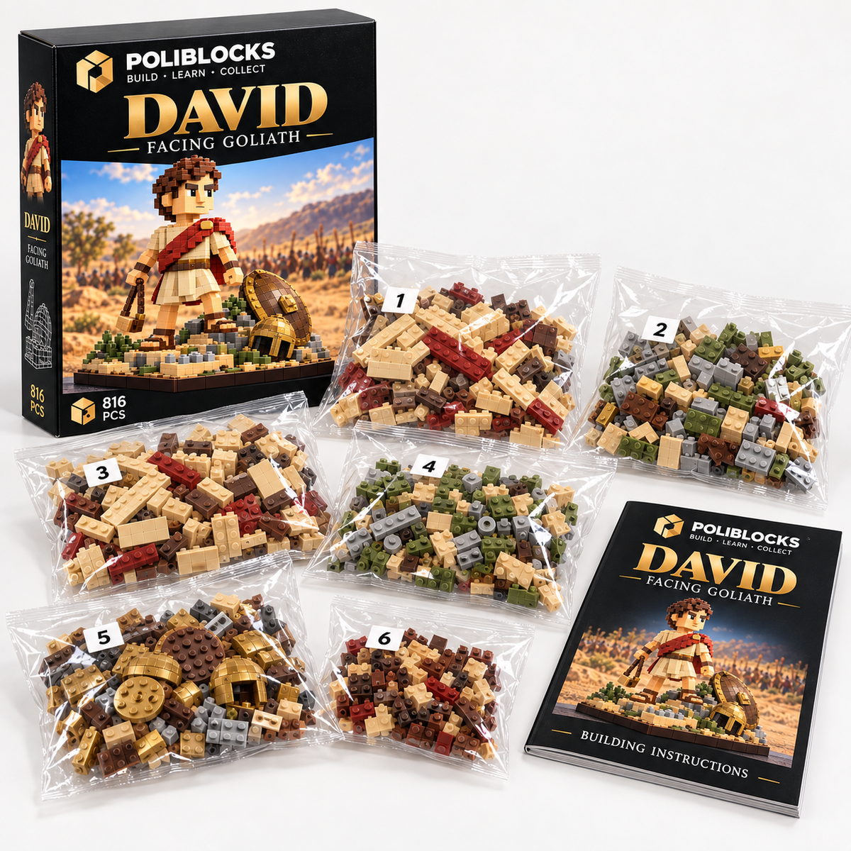 David: POLIBLOCKS box, clear bags of building pieces, and printed instruction booklet