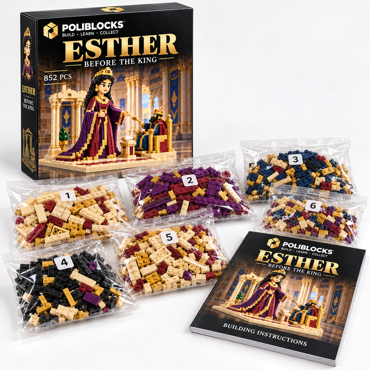 Esther: POLIBLOCKS box, clear bags of building pieces, and printed instruction booklet