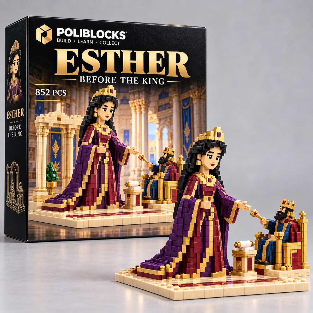 Esther — Before the King: POLIBLOCKS box and completed brick-built model