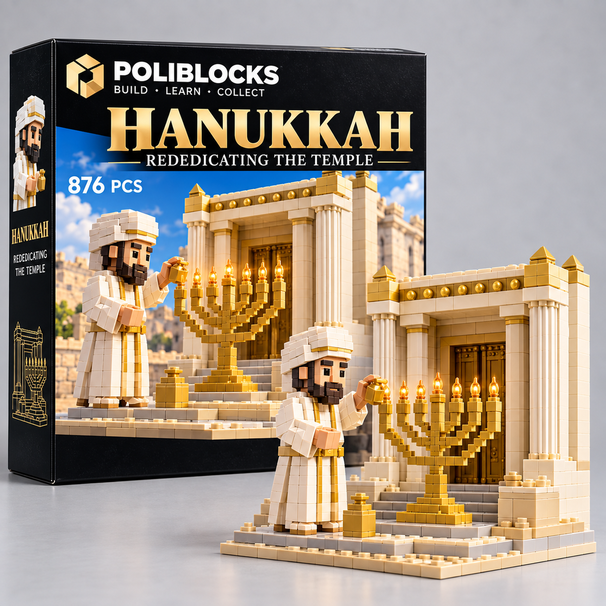 Hanukkah — Rededicating the Temple: POLIBLOCKS box and completed brick-built model