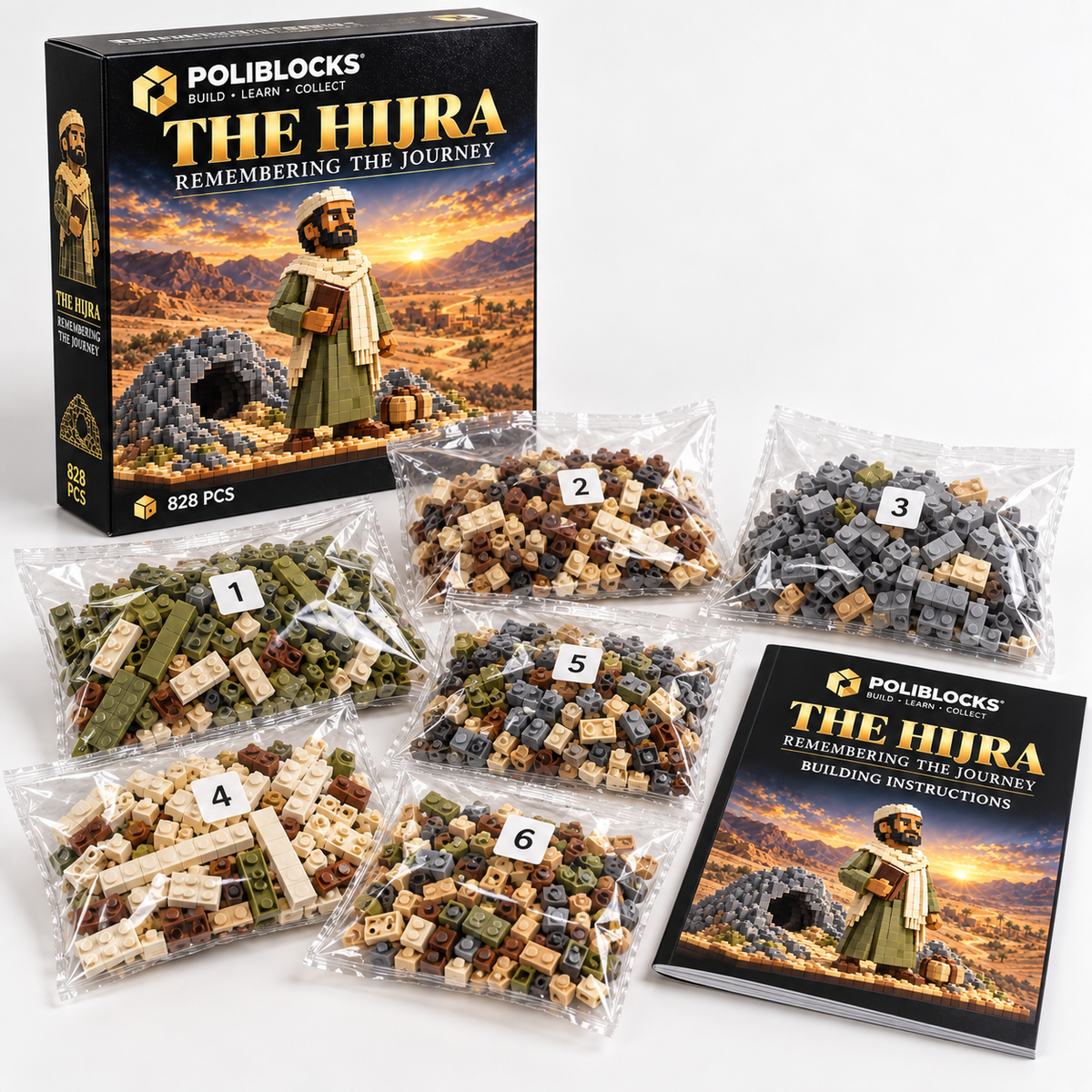 The Hijra: POLIBLOCKS box, clear bags of building pieces, and printed instruction booklet