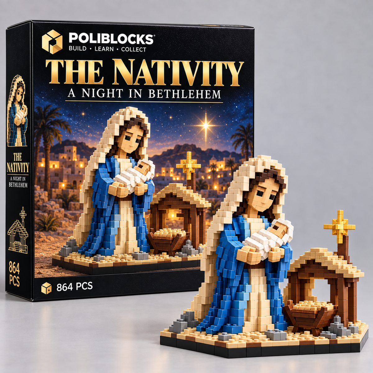 The Nativity — A Night in Bethlehem: POLIBLOCKS box and completed brick-built model