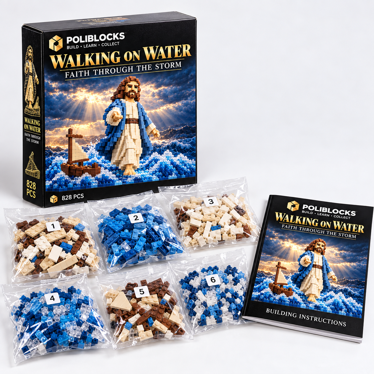 Walking on Water: POLIBLOCKS box, clear bags of building pieces, and printed instruction booklet