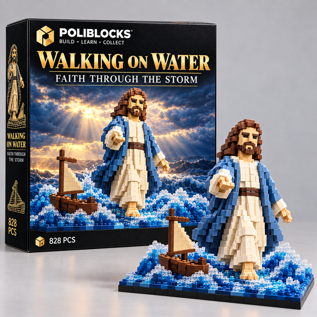 Walking on Water — Faith Through the Storm: POLIBLOCKS box and completed brick-built model