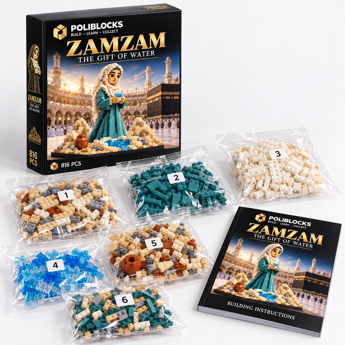 Zamzam: POLIBLOCKS box, clear bags of building pieces, and printed instruction booklet