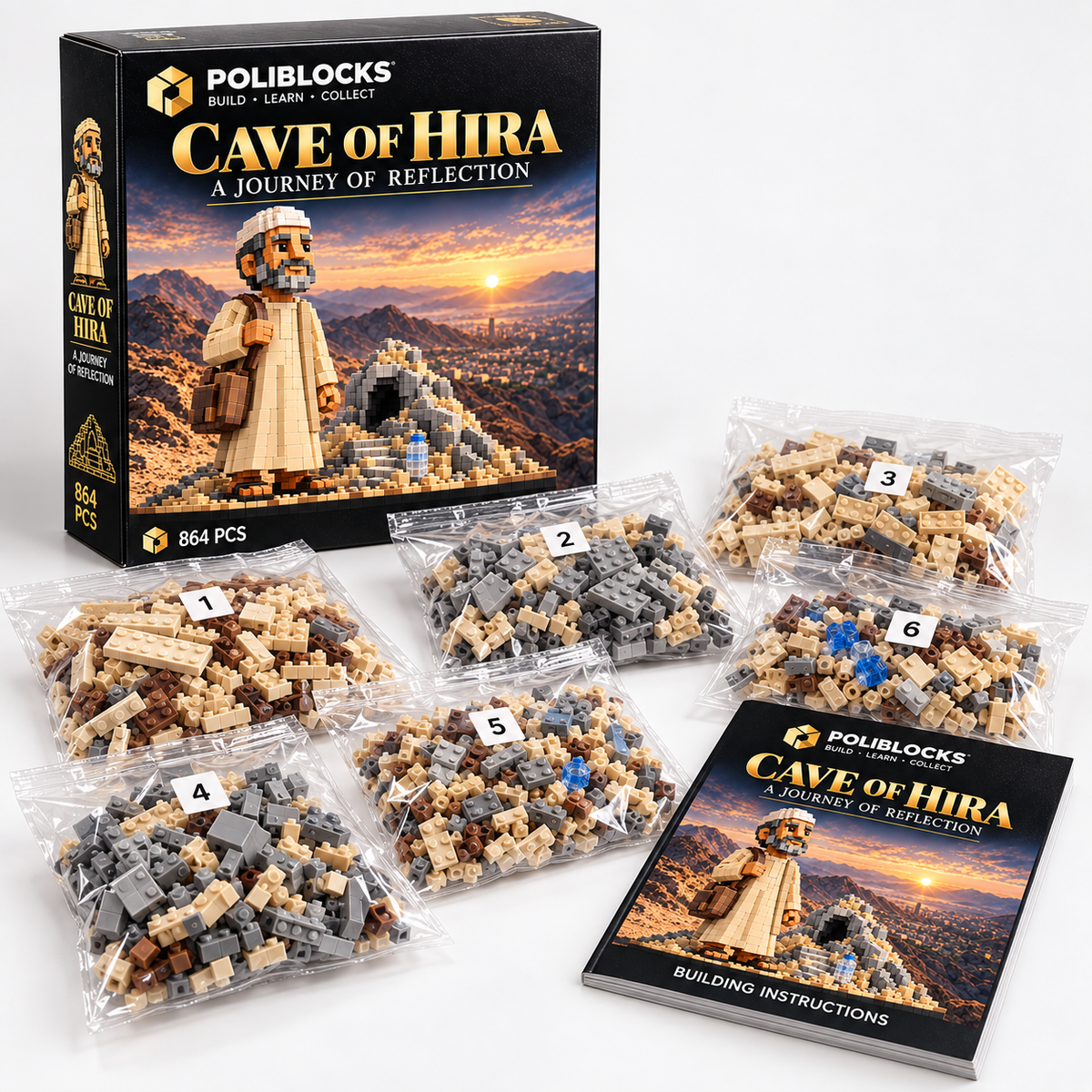 Cave of Hira: POLIBLOCKS box, clear bags of building pieces, and printed instruction booklet