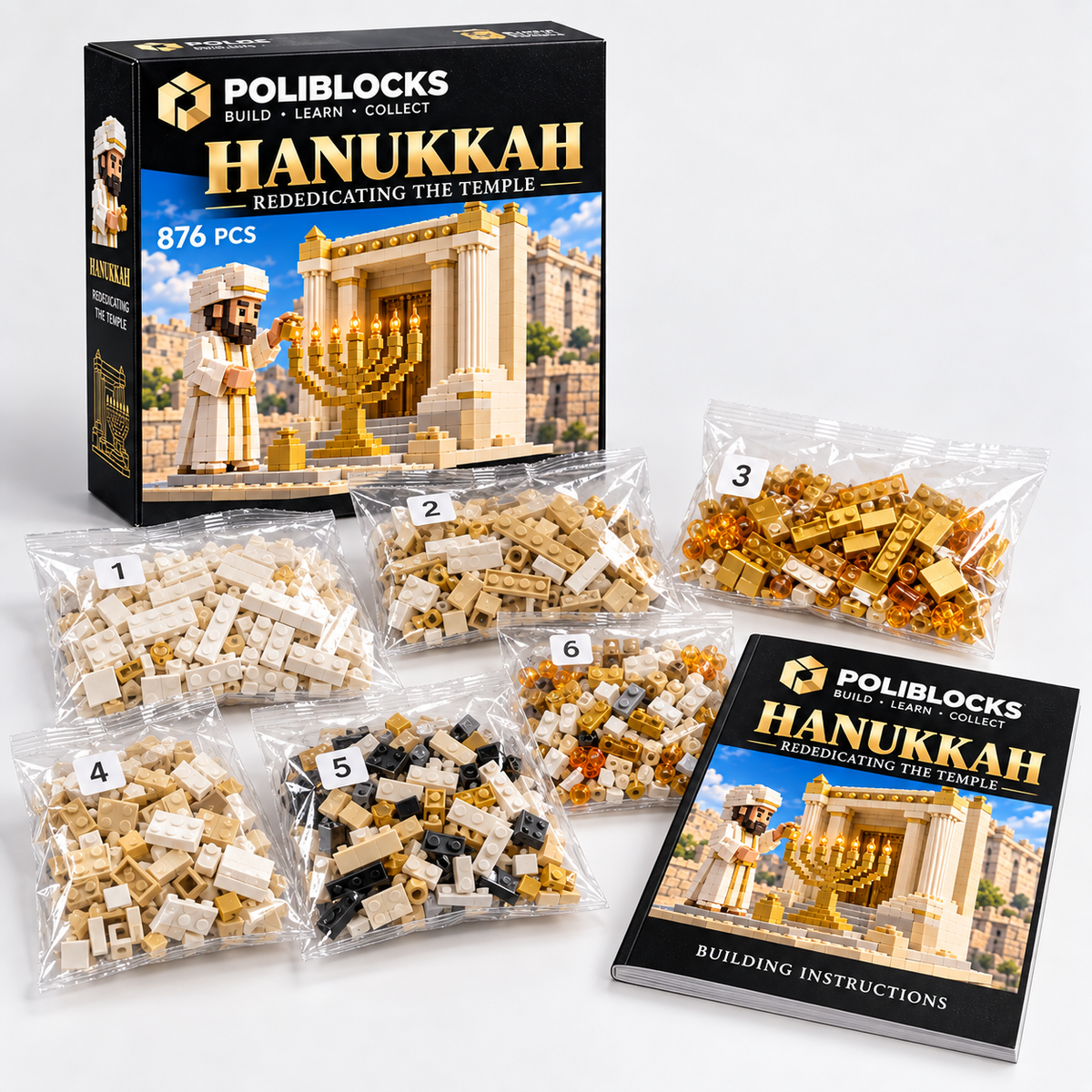 Hanukkah: POLIBLOCKS box, clear bags of building pieces, and printed instruction booklet