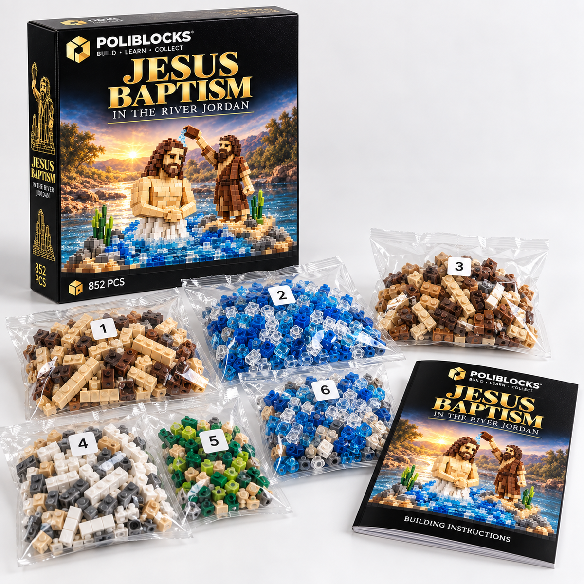 Jesus' Baptism: POLIBLOCKS box, clear bags of building pieces, and printed instruction booklet