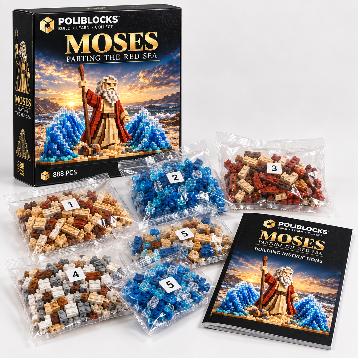 Moses: POLIBLOCKS box, clear bags of building pieces, and printed instruction booklet