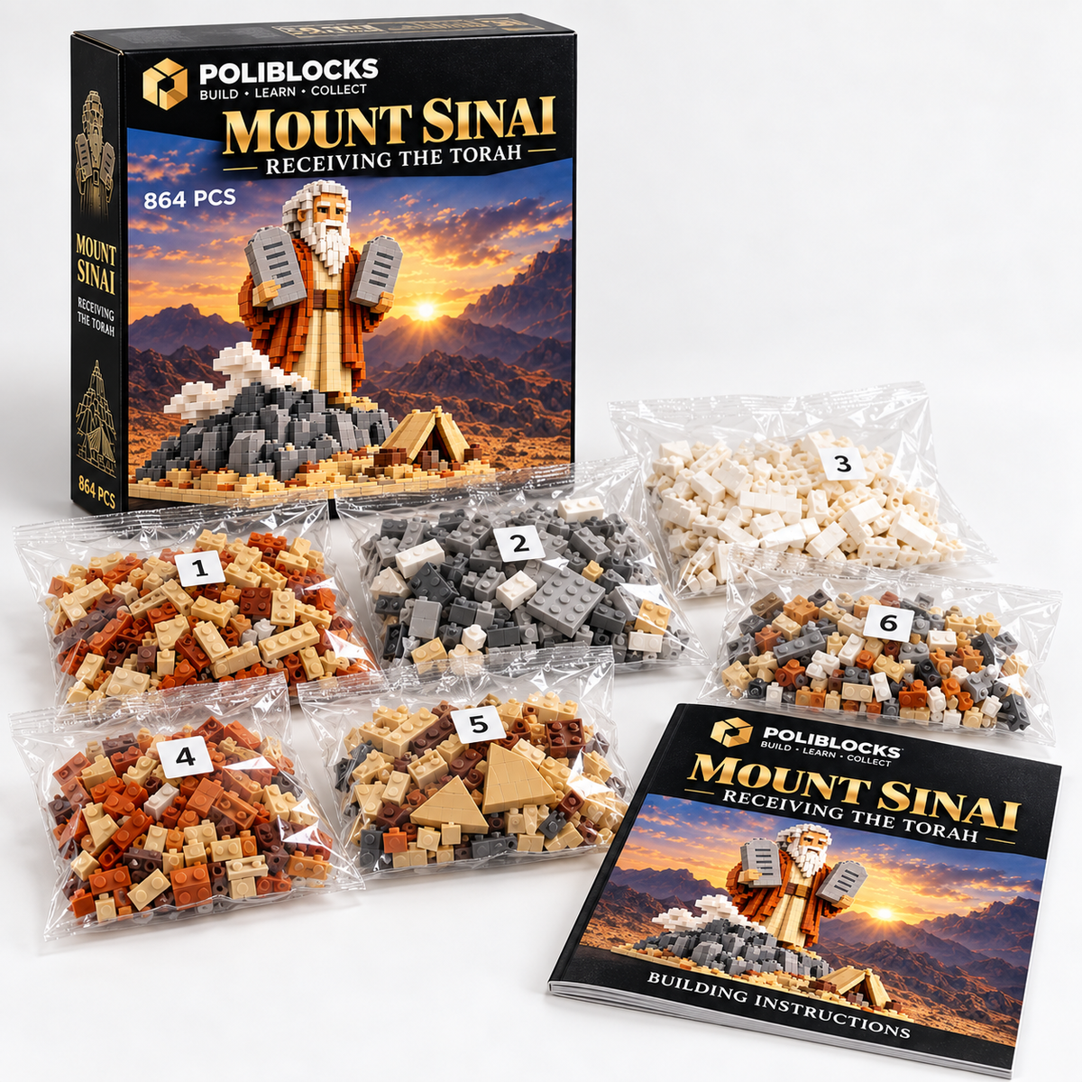 Mount Sinai: POLIBLOCKS box, clear bags of building pieces, and printed instruction booklet