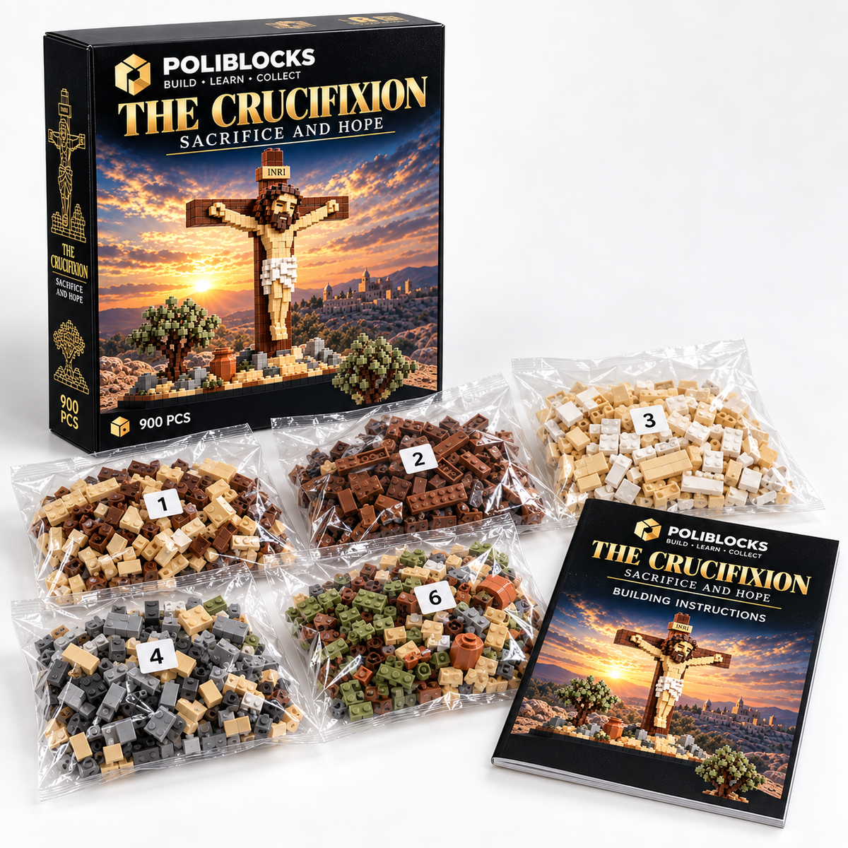 The Crucifixion: POLIBLOCKS box, clear bags of building pieces, and printed instruction booklet