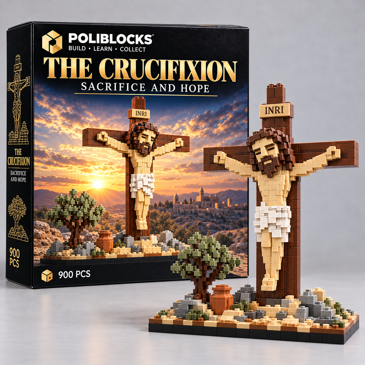 The Crucifixion — Sacrifice and Hope: POLIBLOCKS box and completed brick-built model