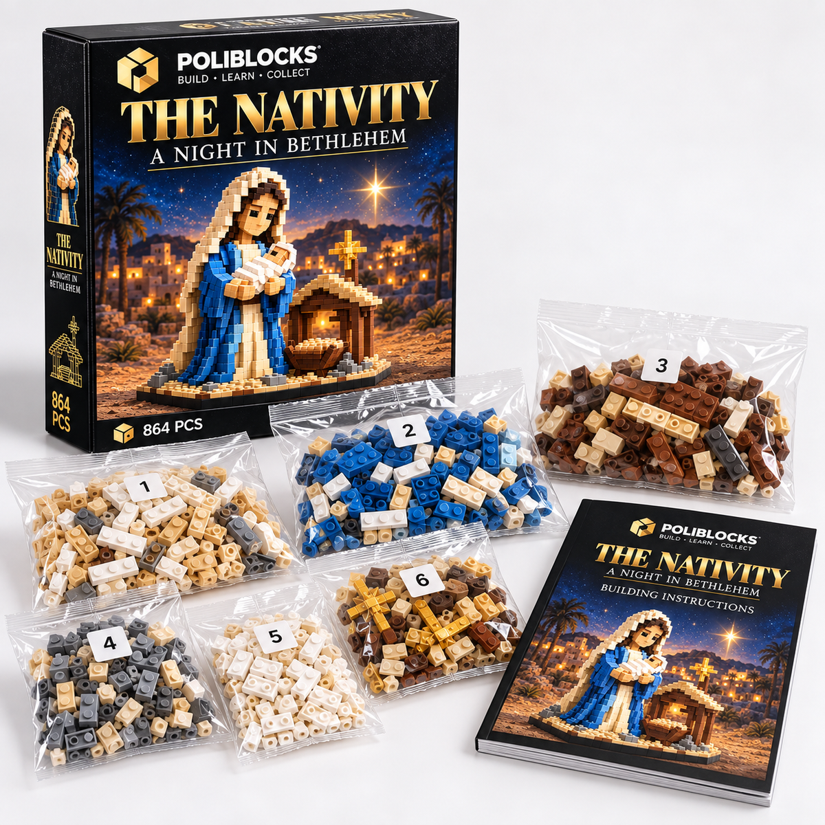 The Nativity: POLIBLOCKS box, clear bags of building pieces, and printed instruction booklet