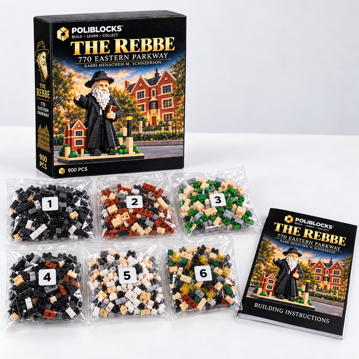 The Rebbe: POLIBLOCKS box, clear bags of building pieces, and printed instruction booklet