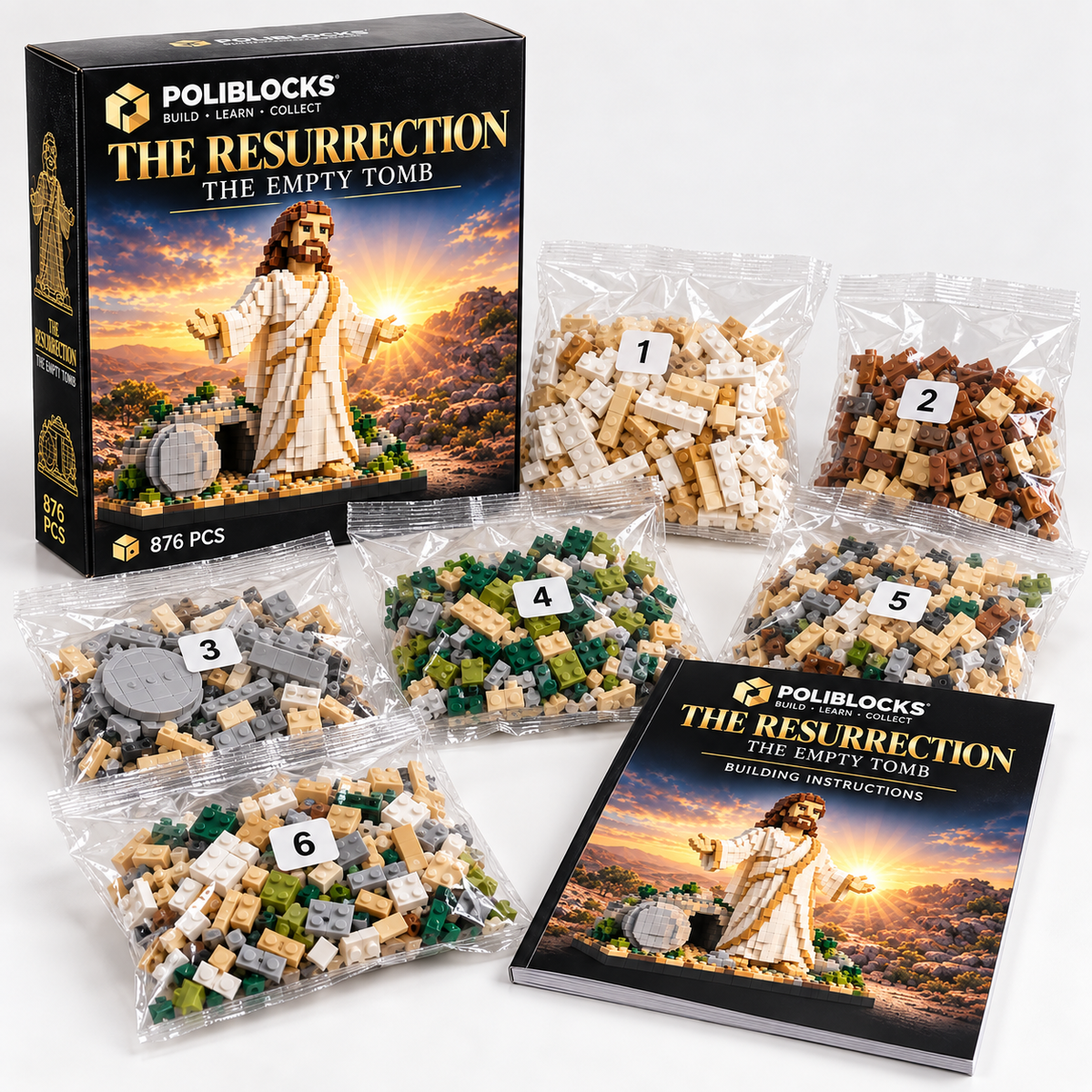 The Resurrection: POLIBLOCKS box, clear bags of building pieces, and printed instruction booklet